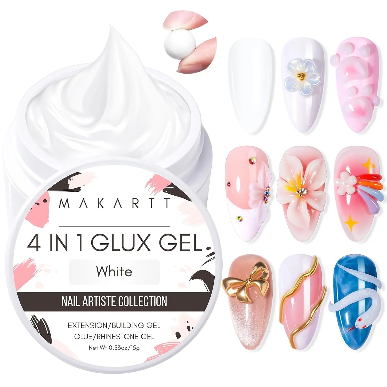 Makartt White 3d Gel Nail Art: 4-in-1 Glux Gel | White Sculpting Gels Non-sticky, Extension, Shaping, Molding, Strengthen, Sculpture, Salon Home Professional Use