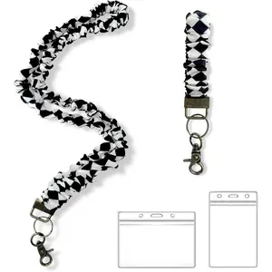 Prudiut Scrunchie Lanyard for Id Badges, Stretchy Scrunchie Lanyard with 2 ID Holder, Black Retractable Scrunchie  Strap  for Teacher, Nurse, Cruise Ship (B&w Checkered)