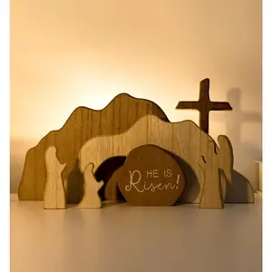 Empty Tomb Scene Spring Easter Decorations Jesus Nativity Resurrection Figurines Set With Wooden Cross For Home Office Table Shelf Mantle Decor Christian Catholic Religious Gifts
