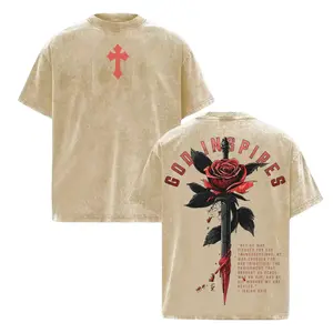 Men's Cotton Fabric Oversized Ribbed Seamless Washed Vintage T-Shirt, God-Inspired Rose Sword Christian Graphic Tee, Isaiah 53:5 Bible Verse Faith Streetwear, Religious Gift for Believers