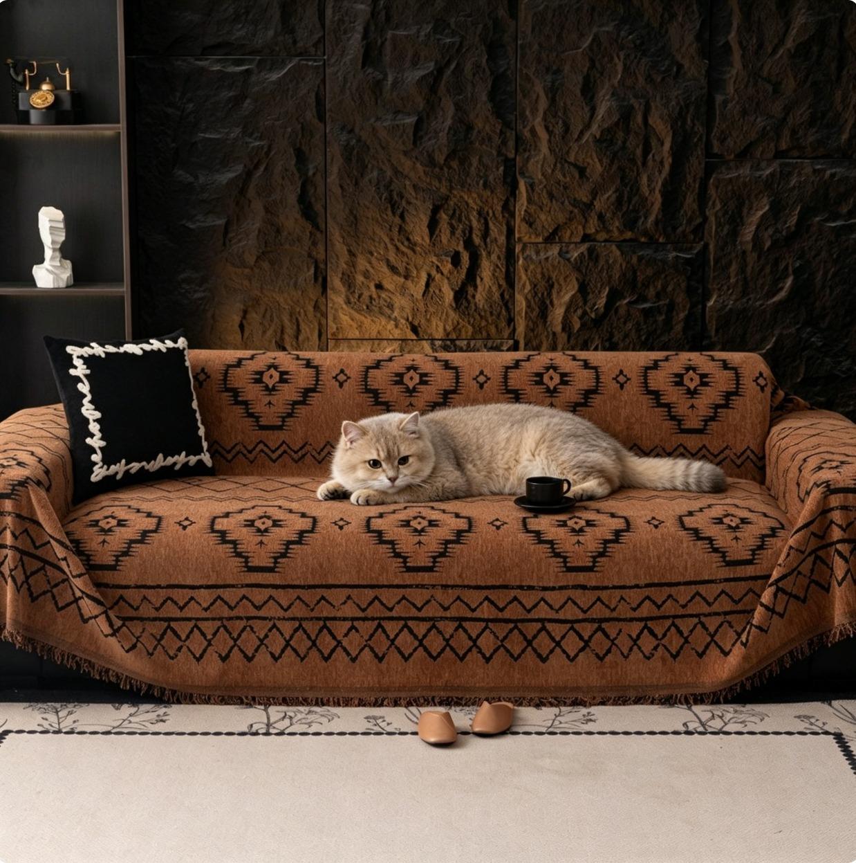 Southwestern Fringed Sofa Blanket | Brown & Black Aztec Throw for Boho Living Rooms