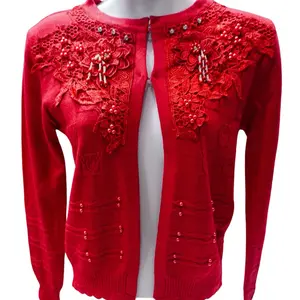 Women's Hand-Knit Cardigan Sweater, Guatemalan Style with Floral Embroidery, Long Sleeve Casual Button-Front Outerwear