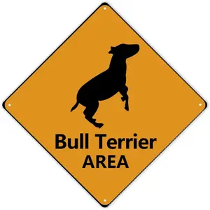 Bull Terrier Crossing Xing Sign Beware of Bull Terrier Dog Metal Sign Decorative Plaque Bull Terrier Funny Warning Sign Crossing Zone Sign for Farm Yard Front Door Indoor Outdoor Street Sign 8X8in Home Decor