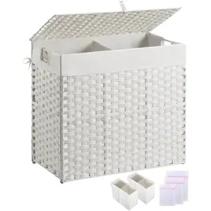 Laundry Hamper with lid, No Install Needed, 130L Wicker Laundry Baskets Foldable 2 Removable Liner Bags, 2 Section Clothes Hamper Handwoven Rattan Laundry Basket with Handles, White