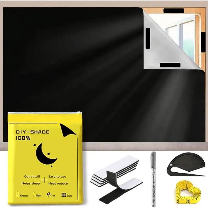 CUBIDUPI 5pcs Lazy Blinds No Drill Blackout Shades - 118"x57" Classic Black Easy Install Curtains with Adhesive Tapes, Privacy-Focused for Bedroom/Nursery