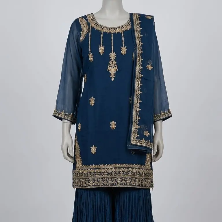 open lace back dress Bottle Green Pakistani Dress with Embroidery Online 2022 – Nameera by Farooq main image 1