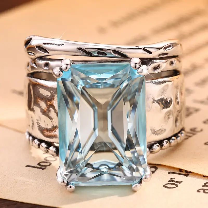 Luxury Vintage Blue Gemstone Engagement Ring - Elegant Square Cut Statement Ring with Antique-Inspired Band  ,rings for women