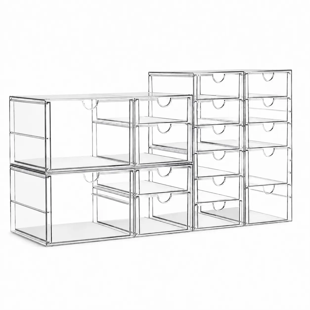 Acrylic Makeup Organizer with 17 Drawers 4 Pack Clear Dustproof Bathroom Counter Storage for Palettes Cosmetics Beauty Supplies Ideal for Vanity Cabinet Desk Organization Containers Smooth