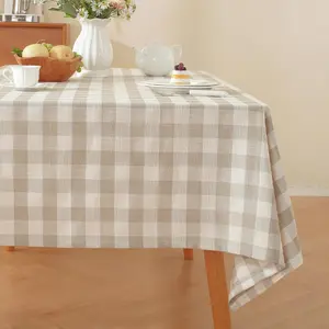 Checkered Tablecloth Rectangle Washable Buffalo Plaid Table Cloth Cotton Linen Gingham Table Cover for Picnic Kitchen Dining Room, Beige and White, 60 * 75