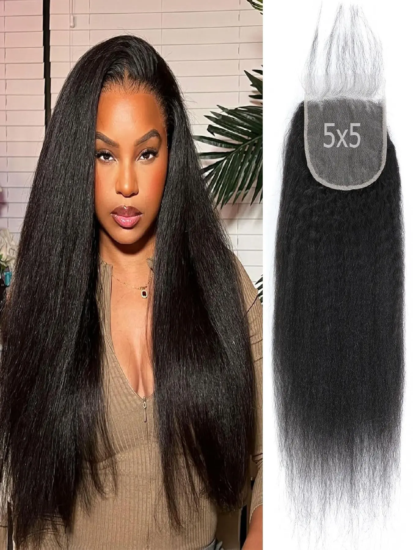 Kinky Straight Lace Closure Weave Human Hair 5x5 HD Lace Closure Human Hair Yaki Straight Hair Transparent Pre Plucked Natural Black Color