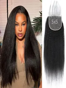 Kinky Straight Lace Closure Human Hair 5x5 HD Lace Closure Human Hair Yaki Straight Hair Transparent Pre Plucked Natural Black Color