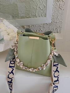 fashion chain decorated bucket bag for women, solid fall crossbody bag with silk scarf for summer, minimalist wide strap lux bag for women's work & daily use