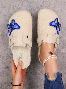 Women's Large Size Butterfly Print Mules, Fur Lined Clogs, Casual Winter Faux Fur Lined Slip-On Shoes, Comfortable Rubber Sole Flats for Home Office Outdoor