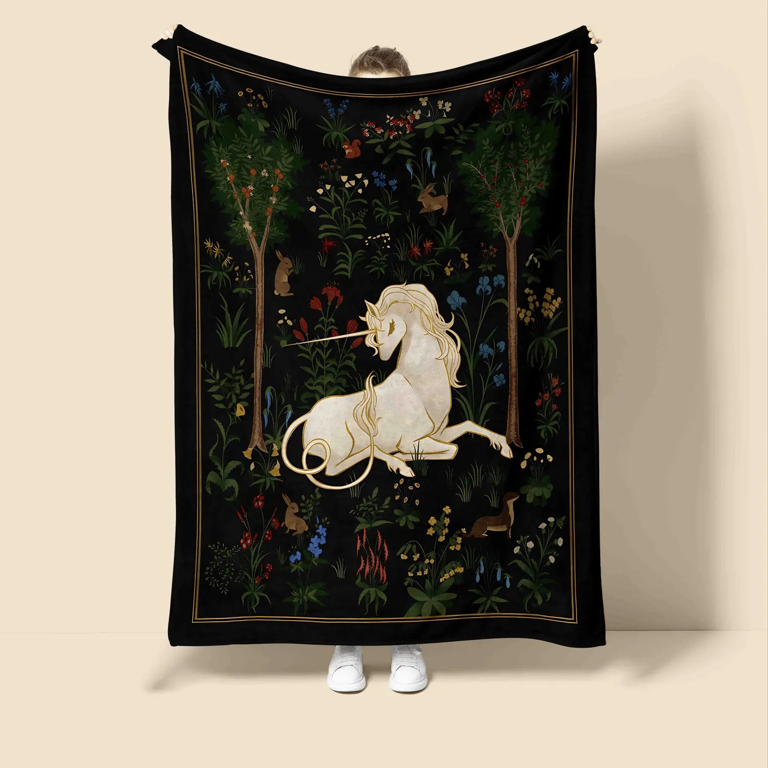 1pc Enchanting Cartoon Unicorn Flannel Blanket, All-Season, Machine Washable, Multi-Color Throw with Magical Forest and Floral Design