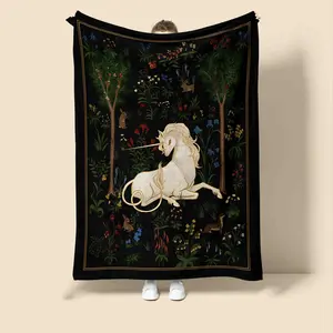 1pc Enchanting Cartoon Unicorn Flannel Blanket, All-Season, Machine Washable, Multi-Color Throw with Magical Forest and Floral Design