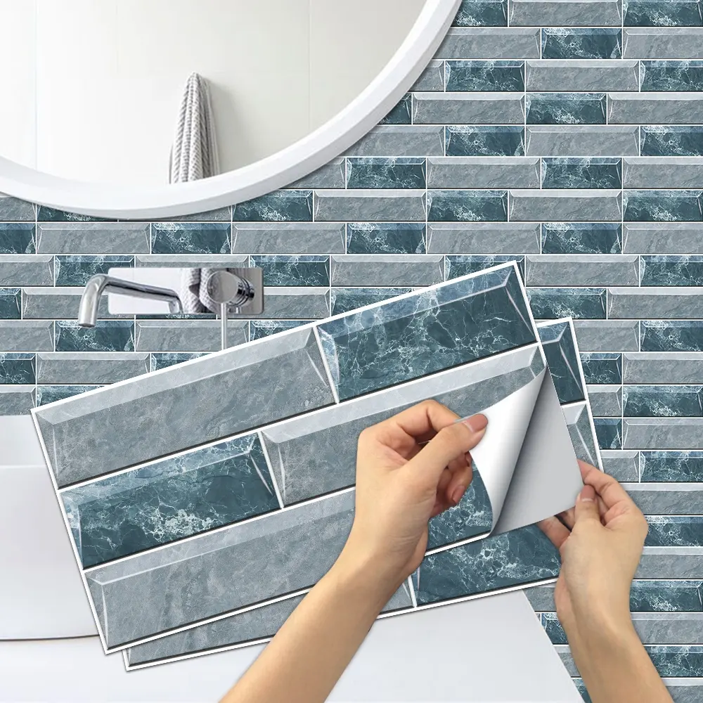 6/12/24/48 Pcs Self-Adhesive Tile Stickers | Blue-Gray Marble Pattern | DIY Waterproof Splash Guard for Home Decor