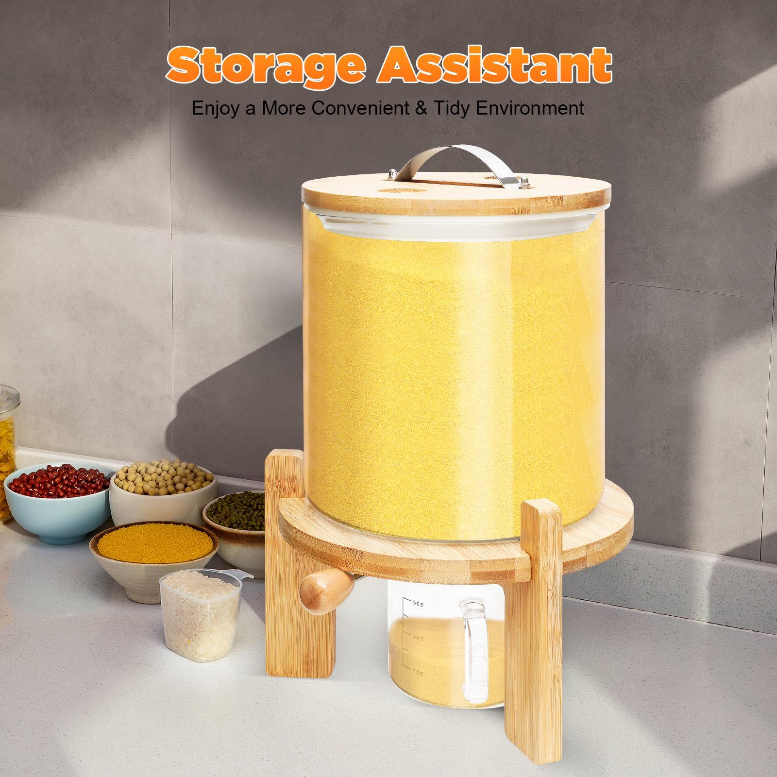 5L Cereal Dispenser Flour Rice Storage Container Glass Tank W/ Lid Measuring Mug For Pantry Organization And Storage