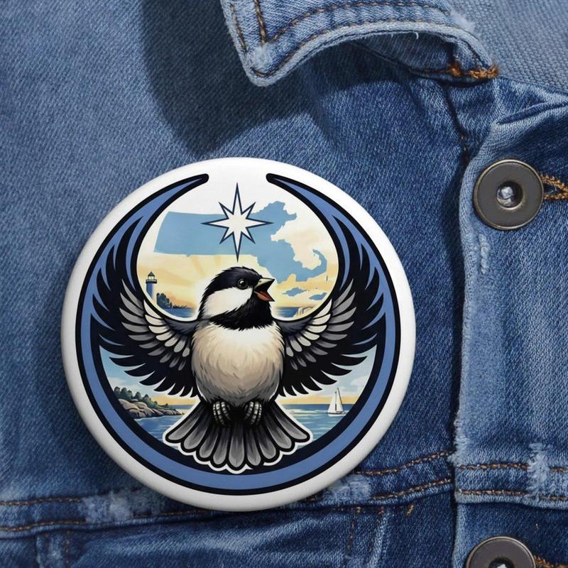 Massachusetts Bird Logo Button Pin – Coastal Graphic Badge for Jackets & Bags