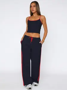 Women's Workout Set Crew Neck Tank Tops Adjustable Straps Color-block Stripes Wide-leg Sweatpants Drawstring Design