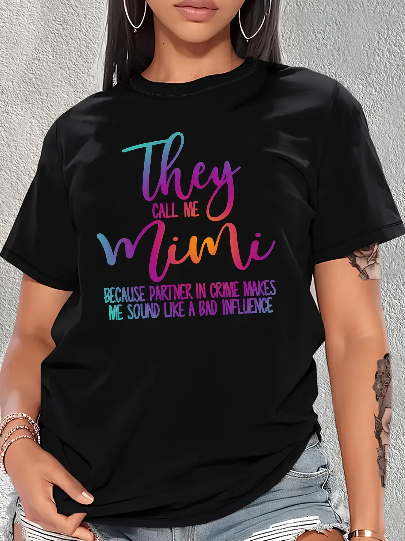 Women'S Funny 'They Call Me Mimi' Letter Print T-Shirt - Black Colorful Gradient Text, Spring Summer Autumn Casual Round Neck Short Sleeve Top, Comfortable Daily Wear And Unique Style