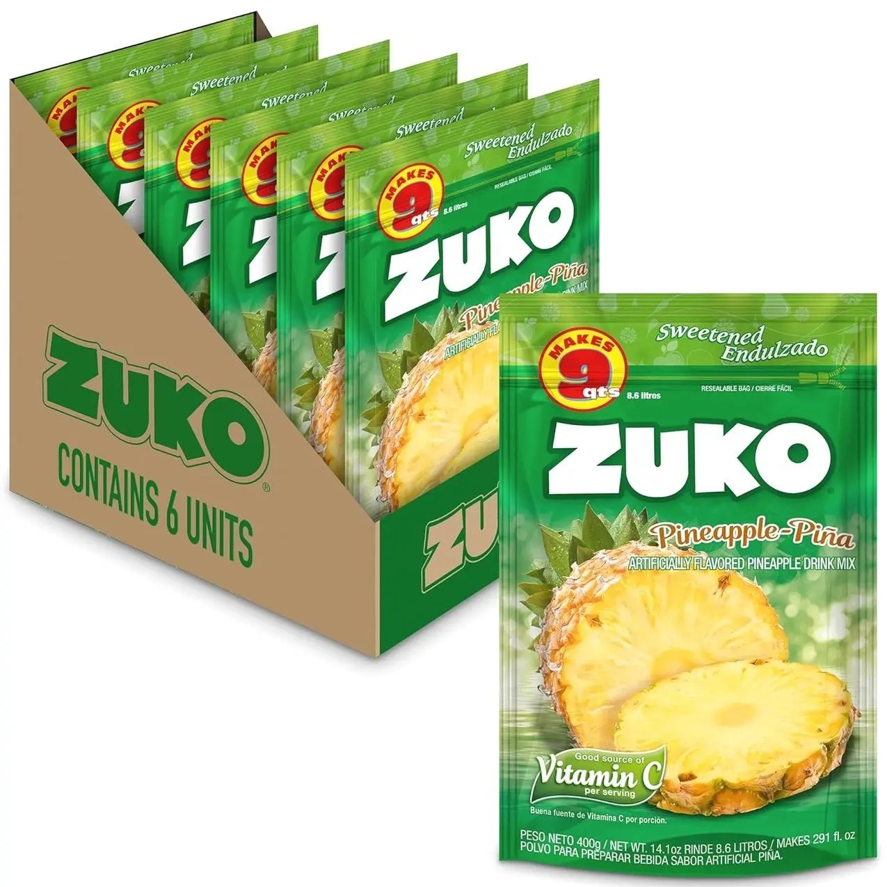 Zuko Pineapple Powdered Drink Mix Family Pack, No Added Sugar Needed, 14.1 oz (Pack of 6)