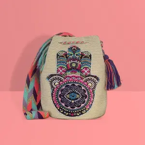 Hamsa rhinestones wayuu bags crossbody colombian bags hand knitted artisan purse hand of God mano de Fatima mochila bag