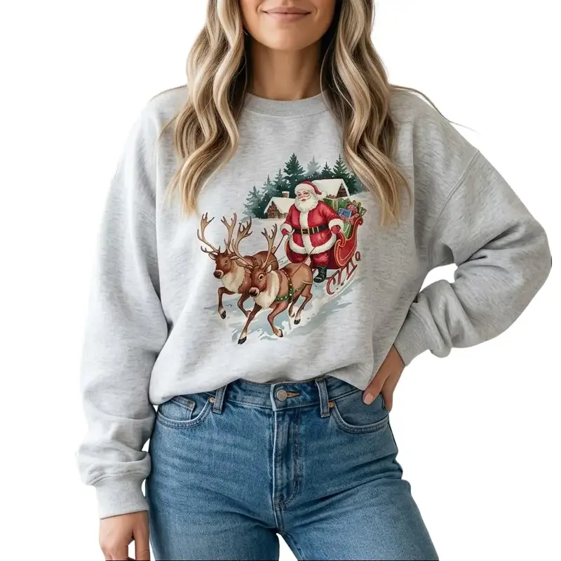 Christmas Sweatshirt, Unisex Retro 90s Santa Printed Cotton Long Sleeve Top for Winter Cabin Adventures