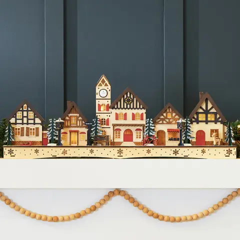 Best Choice Products Pre-Lit Wooden Christmas Village, Plug-In/Battery-Powered Winter Mantel Decor w/ 20 LED Lights