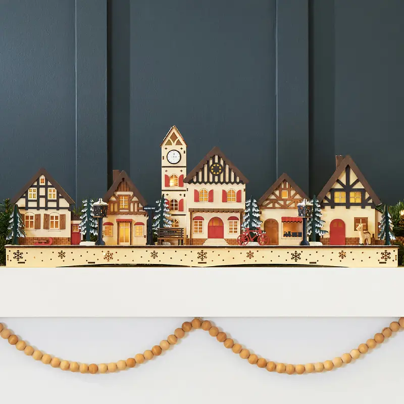 Best Choice Products Pre-Lit Wooden Christmas Village, Plug-In/Battery-Powered Winter Mantel Decor w/ 20 LED Lights