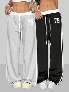 Two-Piece Women's Casual Spring/summer Digital Print Belt Patchwork Sporty Street Retro Style Lazy Sports Pants