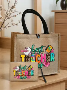 Creative Teacher Letter Print Linen Handbag, Pen Notebook Floral Pattern, Large Small Bags, Shopping Bag, Women's Linen Capacity Handbag, Fashionable Shopping Bag, Casual Purse