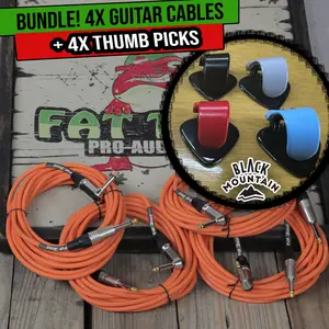 BLACK MOUNTAIN Spring Loaded Thumb Picks Variety 4 Pack with FAT TOAD 20FT Right Angle Guitar Cables 4 Pack Guitar Accessories Bundle Cords for Acoustic Electric Guitar Bass Keyboards and Studio Gear