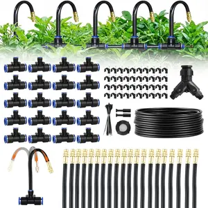 100ft 1/4-Inch Drip Irrigation Kit with 16 Adjustable Copper Nozzles, Automatic Atomizing Watering Sprinkler System for Garden, Raised Beds, Lawn, Greenhouse & Patio