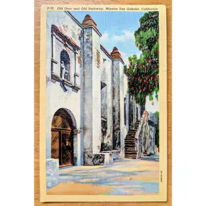 1940 Old Door and Old Stairway, Mission San Gabriel CA Linen Postcard - Chromo Lithograph - Antique California Postcard