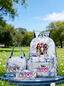 K-Pop Cartoon Student Backpack Set, Large Capacity Shoulder Bag, Lunch Box, Pencil Case, Casual Canvas Material, All Seasons