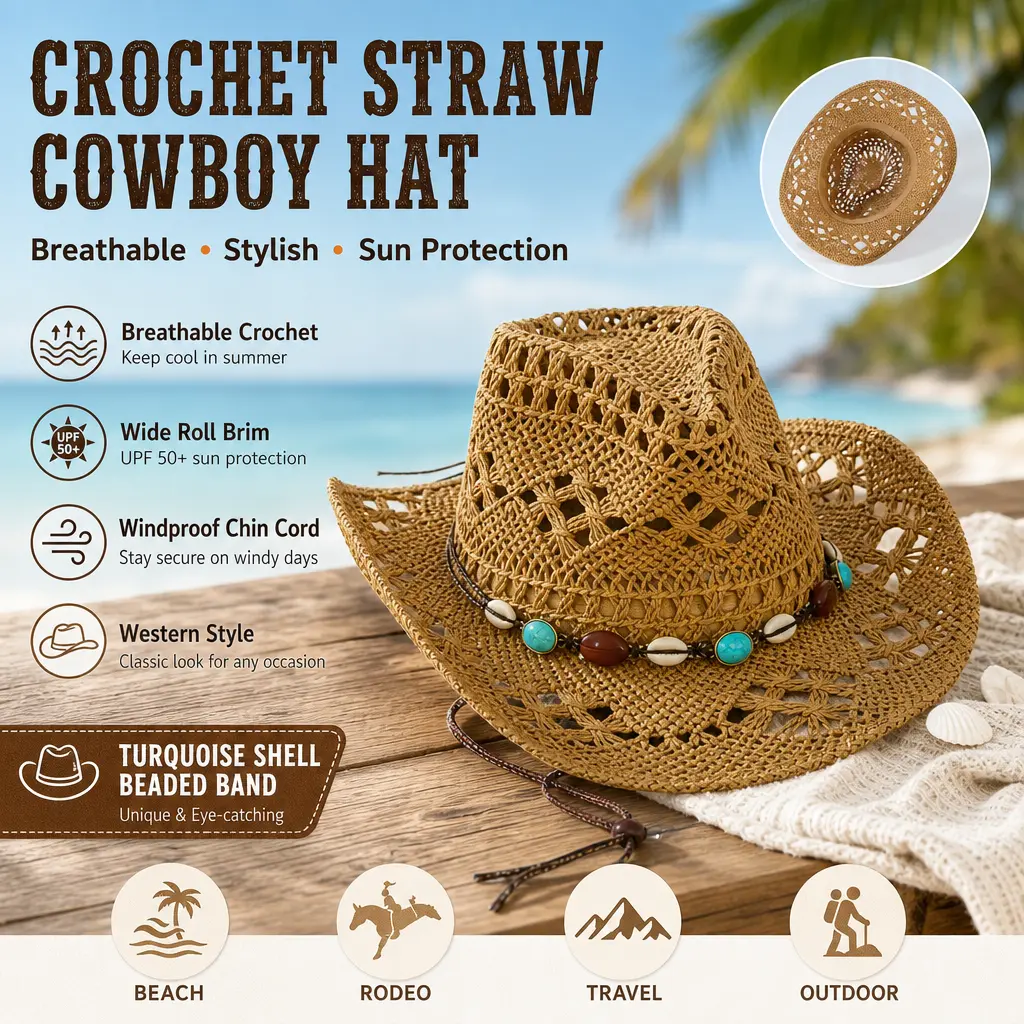 Breathable Crochet Straw Western Cowboy Cowgirl Hat for Women Men, Turquoise Shell Beaded Band Wide Roll Brim Sun Hat, Windproof Chin Cord Summer Outdoor Beach Rodeo Travel Hat
