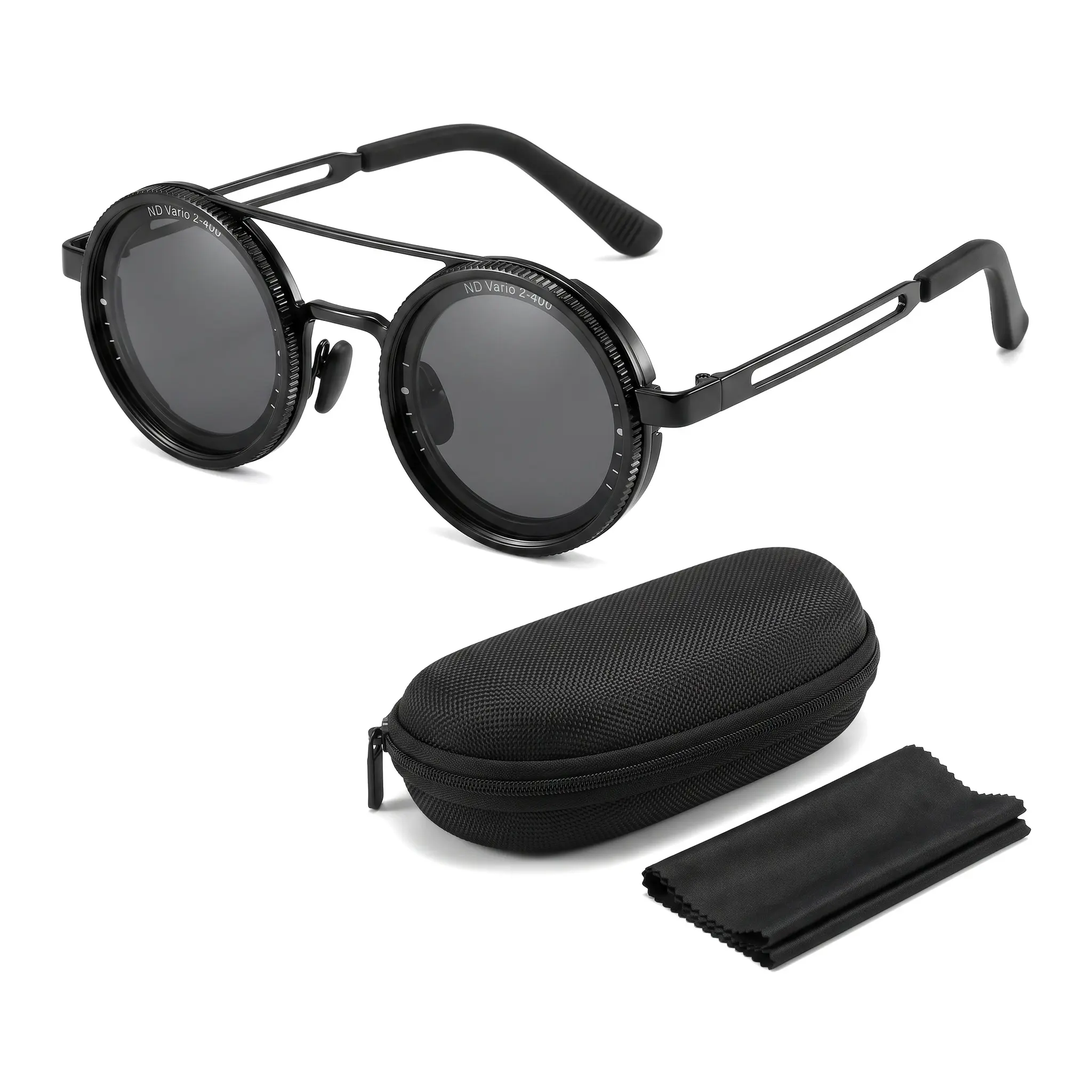 Unisex Adjustable 9-Level ND Filter Sunglasses, Lightweight Vintage Round Metal Frame, Polarized Anti-Glare HD Resin Lenses, Gear Etched Classic Steampunk Outdoor Nature Exploration Gear, Nd Levels