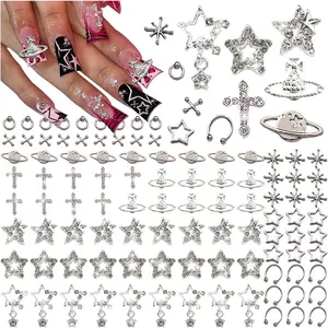 110PCS Star Nail Charms for Acrylic Nails,Silver Star Planet Cross Alloy Nail Art Decoration, Nail Stones Nail Jewels Accessories for Nail Art Supplies Manicure Craft DIY springtok