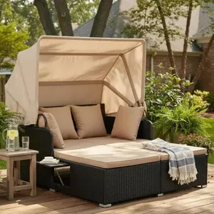 Outdoor Rattan Patio Daybed with Retractable Canopy and 2 Foldable Wicker Side Tables