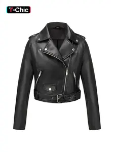 Women's Spring Jacket Vintage Street PU Coat, Fall Winter Casual Long Sleeve Faux Leather Stand Collar Zipper Short Fitted Motorcycle Jacket with Belt