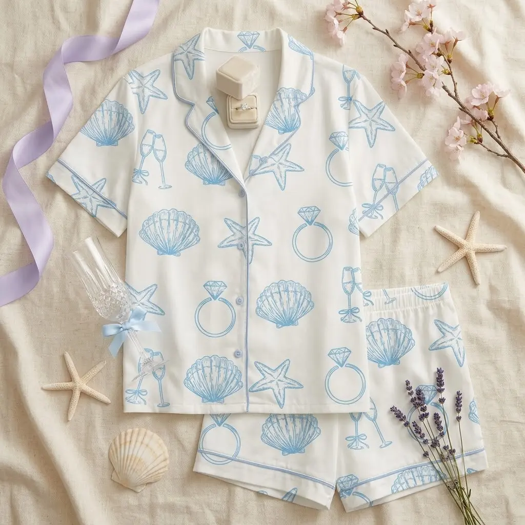 Coastal Bride Pajama Set White Light Blue Beach Bachelorette PJs Seashell Starfish Ring Print Lounge Set Short Sleeve Button Down Shirt Shorts Sleepwear Destination Wedding Morning Honeymoon Gift for Women Soft Cozy Matching Pyjamas