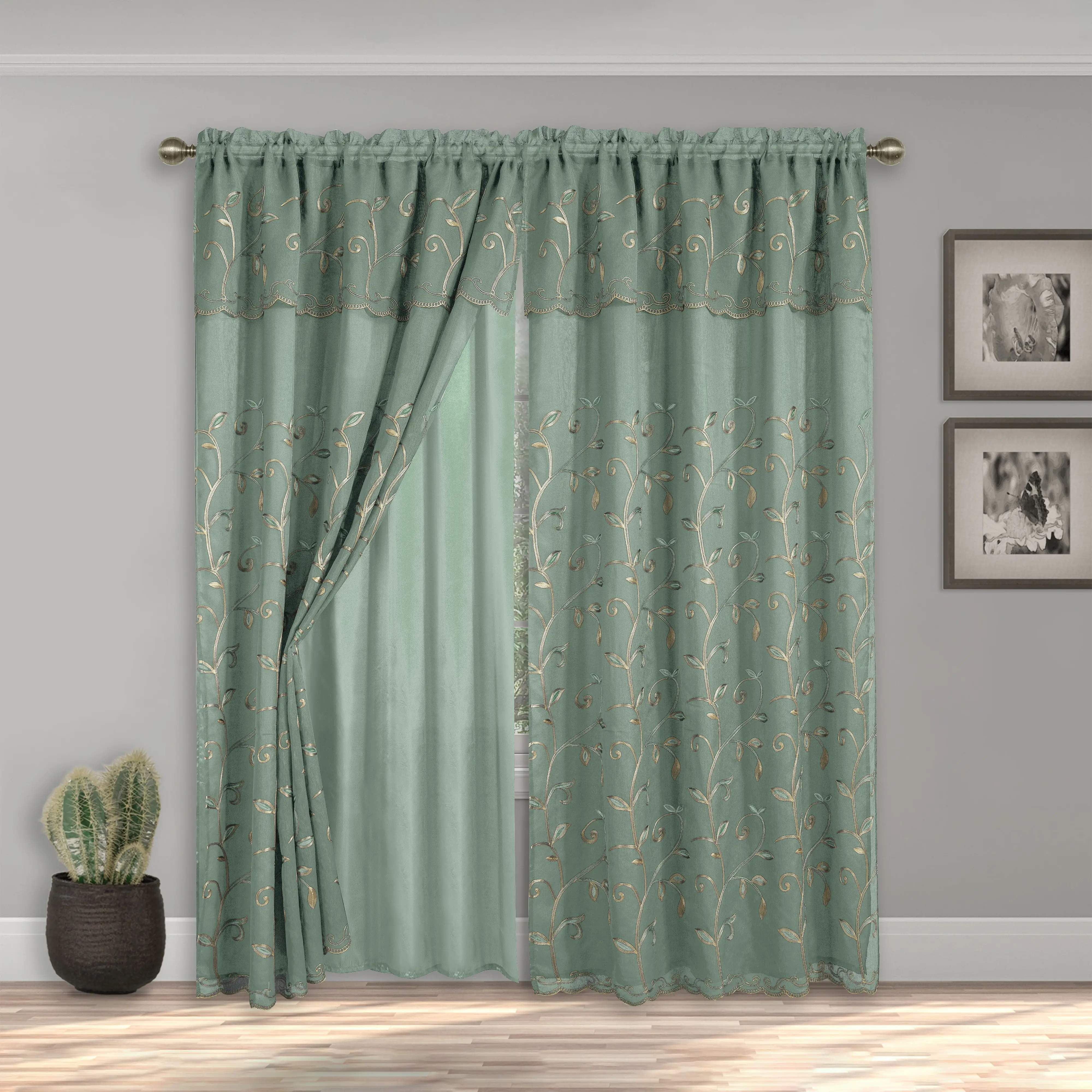 Elegant Comfort Set of 2 Lucia Curtain Panels with Attached Valance - 54" W x 84" L, Rod Pocket Design
