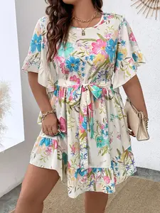 Plus Size Women's Stylish Floral Belted Midi Dress, Elegant Short Sleeve Design for All Seasons, Trendy Loose-Fitting