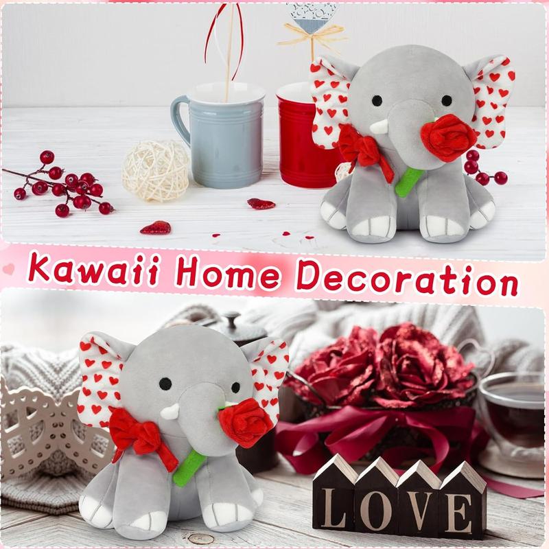 Valentine's Day Plush Elephant with Rose, 8in Valentine's Day Elephant Stuffed Animal,Valentine's Day Gift for Girlfriend,Elephant Plush for Valentine's Day Home Decorations