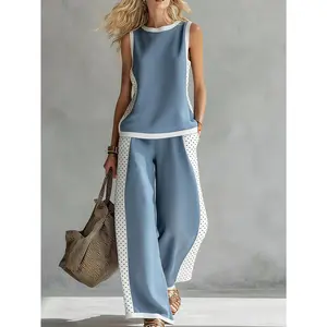 Plus Size, Blue Sleeveless Patchwork Wide-Leg Pants Set Women's Casual 2pcs Outfit Summer Loose Fashionable Home Wear