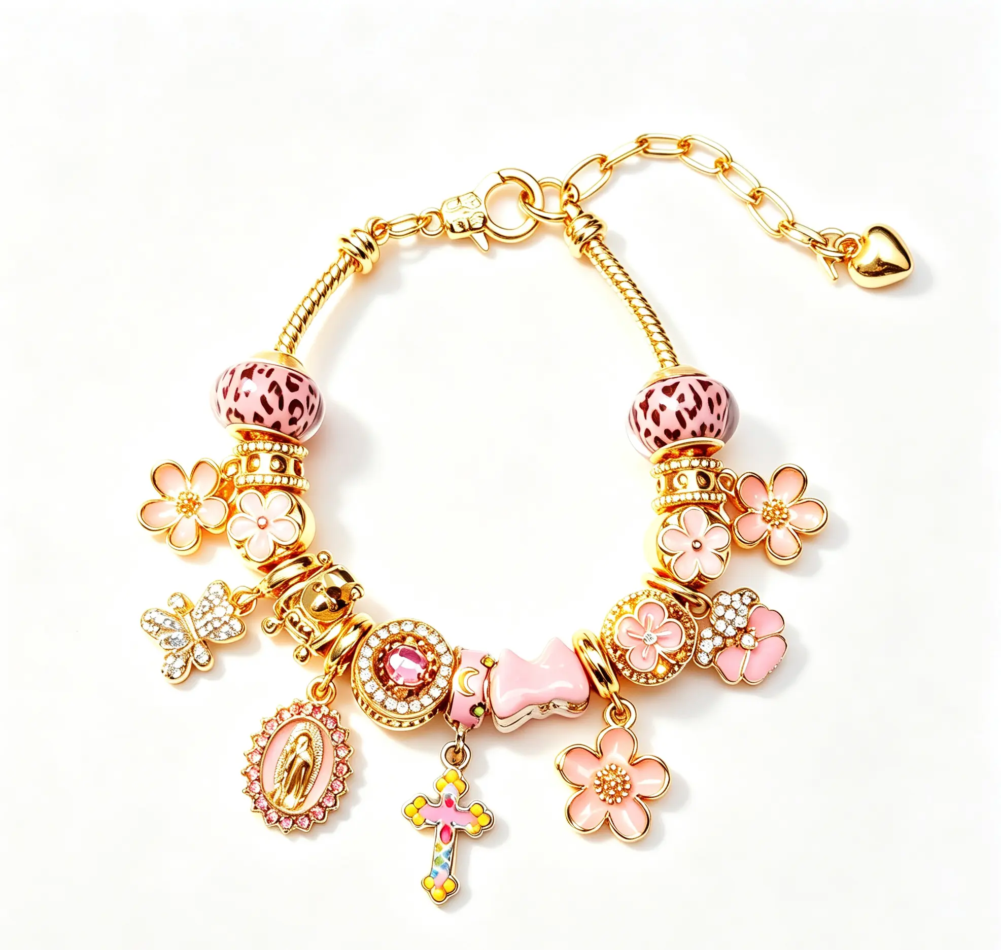 Pink Enamel Leopard Print Flower Charm Bracelet, Gold Tone Adjustable Chain Cross Virgin Mary Butterfly Beaded Bracelet, Fashion Dainty Jewelry Gift for Women
