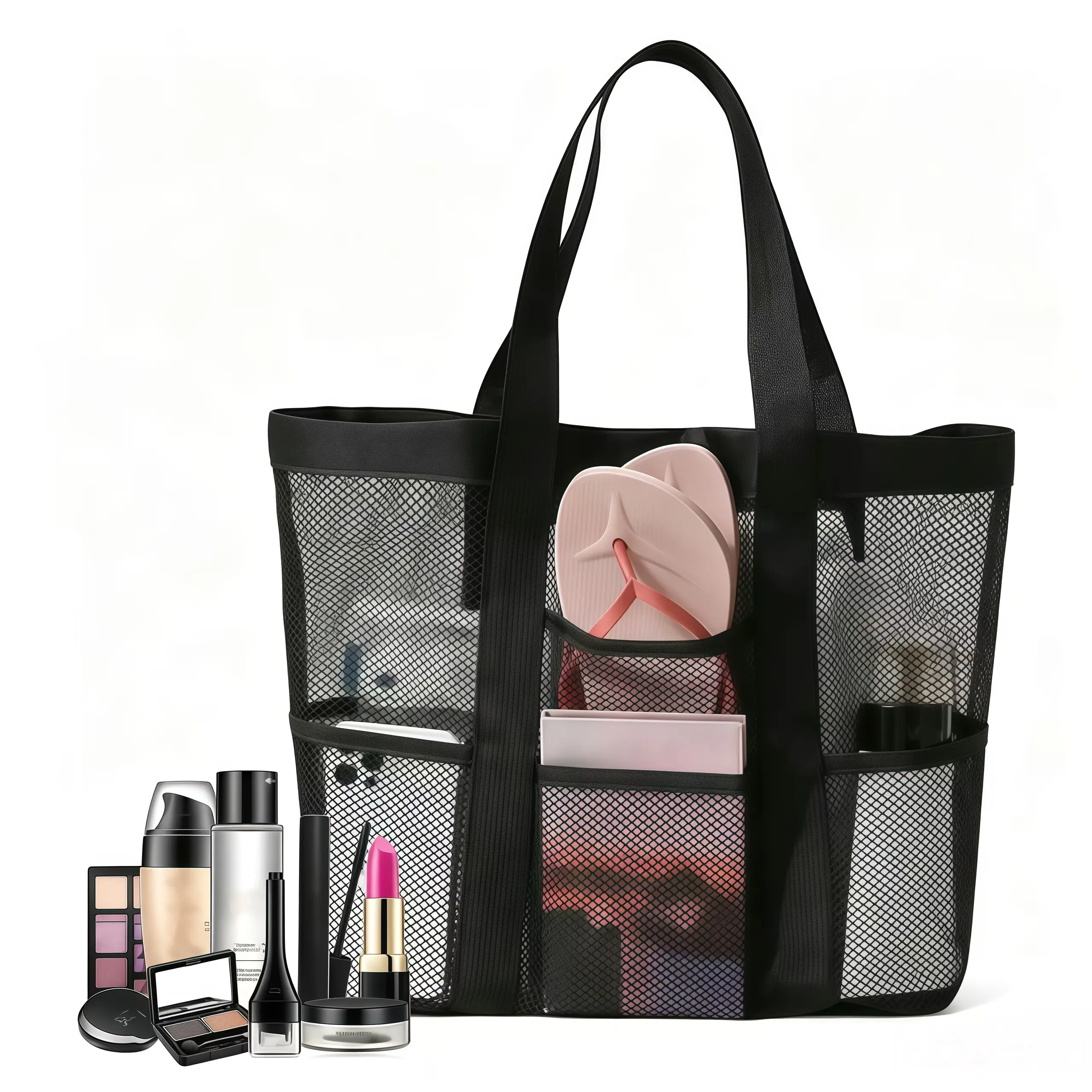 Single sized multi pocket mesh beach tote bag, pool accessory storage, dormitory shower mat, fitness bag, travel tote bag, vacation essentials organizer, camping storage, university dormitory bathroom, swimming pool bag, daily shoulder bag