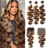 Honey Blonde Highlight Sew In P4/27 Body Wave Bundles With 5x5 Lace Closure Virgin Raw Bundles With Closure Human Hair Weave