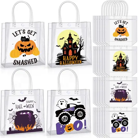 12/24 Pcs Halloween Candy Bags with Handles PVC Treat Bags Bulk Pumpkin Ghost Black Cat Halloween Fall Pattern for Kids Adults Neighbors Coworkers Classmates Halloween Party Summerween Birthday Party Thanksgiving Dinner Autumn Harvest Party Favors