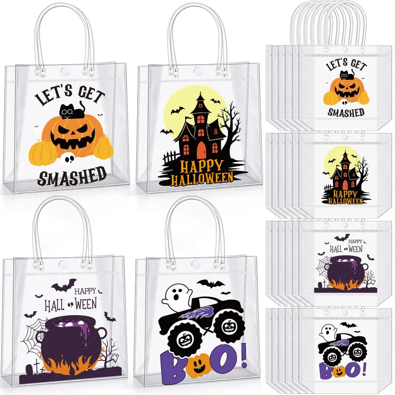 12/24 Pcs Halloween Candy Bags with Handles PVC Treat Bags Bulk Pumpkin Ghost Black Cat Halloween Fall Pattern for Kids Adults Neighbors Coworkers Classmates Halloween Party Summerween Birthday Party Thanksgiving Dinner Autumn Harvest Party Favors
